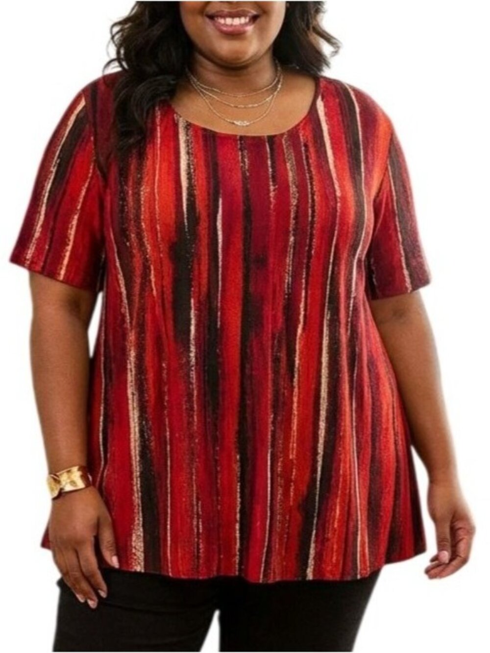 Avenue Plus Size 26 Top Pintuck Detail Red & Black Striped Short Sleeve